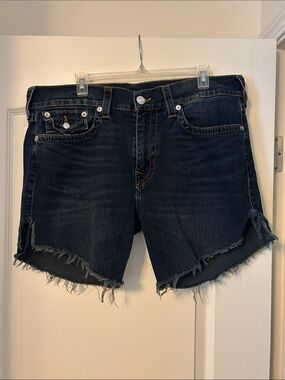 True Religion Stretch Dark Wash Distressed Denim Cutoff Shorts